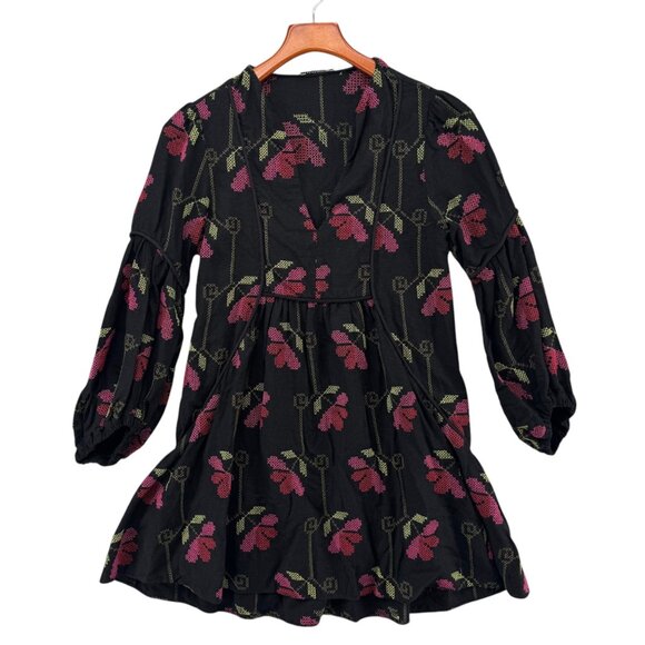 Dress To Tunic Top Womens Black Pink Floral Embroidered 3/4 Sleeve Sz PP 2-4 - Picture 7 of 9